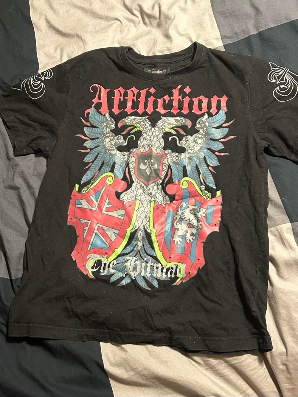 Affliction Black Short-Sleeve Crest Graphic Tee with Red and Blue Accents